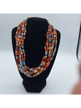 VINTAGE MULTI-STRAND BOHO STYLE SMALL COLORFUL BEADED NECKLACE BUTTON & LOOP